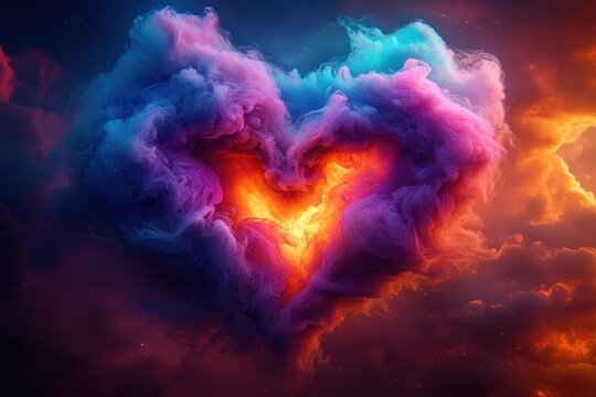 Heart-shaped swirling cloud with glowing fiery core in vibrant purple, pink and orange sky, evoking warmth, love and dreamlike wonder