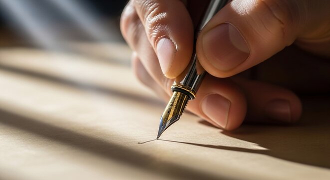 Hand writing with a fountain pen on paper close-up.