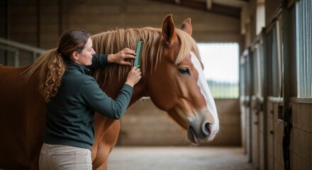 Fototapeta premium Equestrian care scene: woman brushing chestnut horse’s mane in stable, animal grooming and barn routine