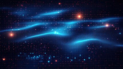 glowing blue waveforms flowing over a dotted digital grid with red and orange particle lights, a futuristic serene virtual landscape