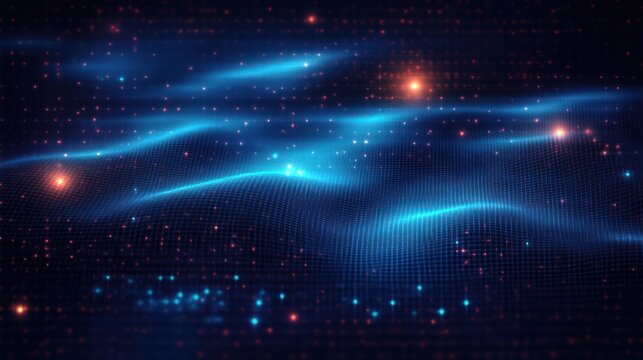 glowing blue waveforms flowing over a dotted digital grid with red and orange particle lights, a futuristic serene virtual landscape