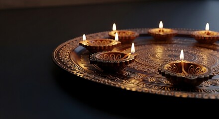 Illuminated Clay Diyas on Ornate Tray Diwali Festival.