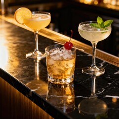 Assortment of sophisticated alcoholic beverages resting on a polished dark stone bar counter