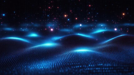Undulating blue particle field forming glowing wave-like ridges with scattered bright sparkles over a dark grid, evoking a futuristic, serene and mysterious atmosphere