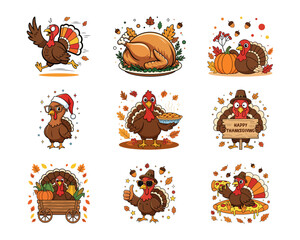 Cute Cartoon Turkey Character Collection for Thanksgiving with Various Poses and Attributes