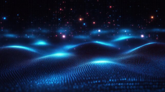 Undulating blue particle field forming glowing wave-like ridges with scattered bright sparkles over a dark grid, evoking a futuristic, serene and mysterious atmosphere