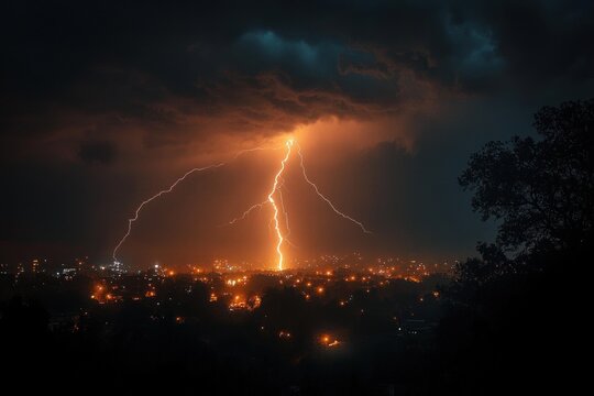 Dramatic lightning bolt striking a glowing city skyline at night under dark storm clouds, silhouetted trees and orange streetlights creating a tense, awe-inspiring scene