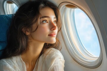 woman with long dark hair in a white blouse gazing peacefully out an airplane window, contemplative and calm
