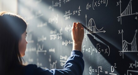 Intelligent woman solving advanced calculus problems on a chalkboard.