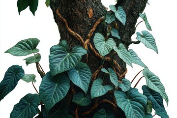 Twisting vines and large heart-shaped green leaves clinging to a textured tree trunk against a clean white background, lush entwined foliage conveying calm resilience