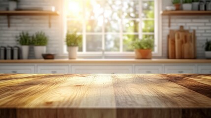 sunlit wooden countertop in a cozy modern kitchen with potted plants on the windowsill, cutting boards and jars on blurred white cabinets creating a warm inviting morning atmosphere