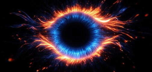 Mesmerizing, intense eye-like glowing ring with electric blue fibers and fiery orange tendrils around a dark central void, sparks and motion on a black background