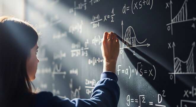 Intelligent woman solving advanced calculus problems on a chalkboard.