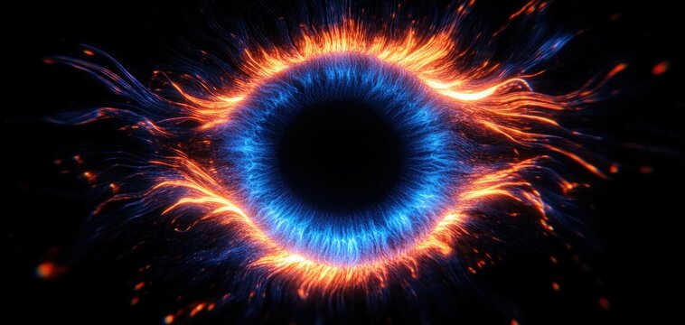 Mesmerizing, intense eye-like glowing ring with electric blue fibers and fiery orange tendrils around a dark central void, sparks and motion on a black background