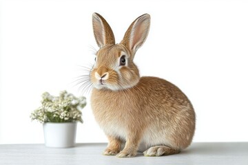 Obraz premium gentle curious brown rabbit sitting on a white table beside a small potted white flower arrangement in a bright minimalist studio portrait