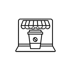 A stylized laptop displays a coffee cup under an awning, linear drawing on white background, simple graphic