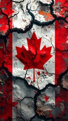 A stylized image with a cracked texture and the central focus a bright red maple leaf on a white background