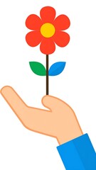 A stylized, peach-colored hand holds a bright orange flower with a yellow center on a brown stem with green leaves