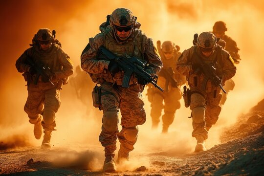 Group of soldiers sprinting through swirling desert dust with rifles and tactical gear, conveying intense urgency and determined focus