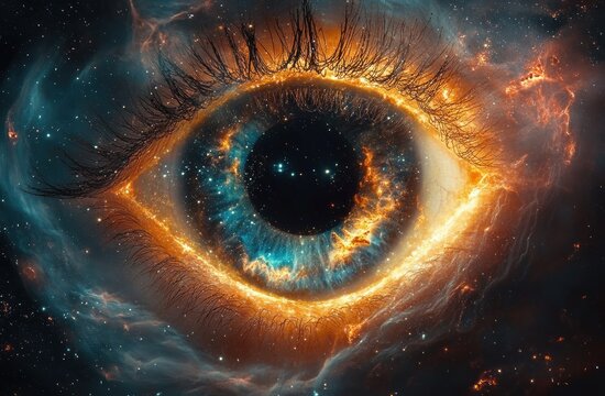 Giant cosmic eye formed from glowing nebula and stars with fiery ring iris and long eyelashes, evoking awe and celestial mystery - Powered by Adobe