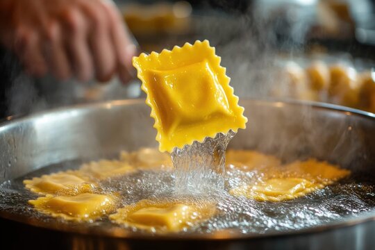Hand lifting a steaming square ravioli from a bubbling pot of boiling water, golden fresh pasta in a warm comforting cooking moment