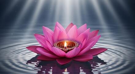 Lotus flower with candle floating on water, serene and peaceful.