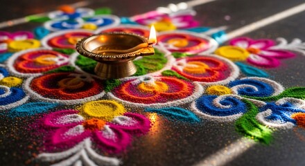 Lit Diya Oil Lamp on a Colorful Floral Rangoli for Diwali Festival.