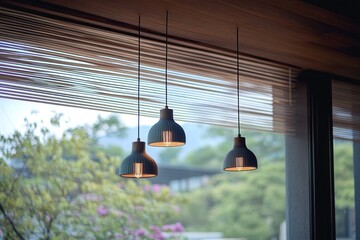three hanging pendant lights glowing warmly in front of a window with wooden blinds overlooking a soft green garden, creating a cozy serene atmosphere