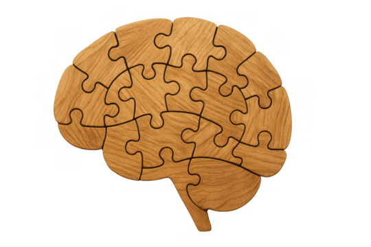 Brain puzzle made from wood pieces. Concept of mental health, intelligence, memory, learning, and finding solutions on transparent background