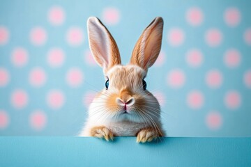 curious fluffy brown rabbit peeking over a blue ledge with wide eyes and paws, soft whiskers and long ears against a pastel blue background with pink polka dots, playful and innocent