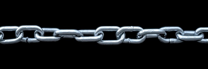 Fototapeta premium close-up of a worn silver metal chain with interlocked links on a black background conveying strength and resilience
