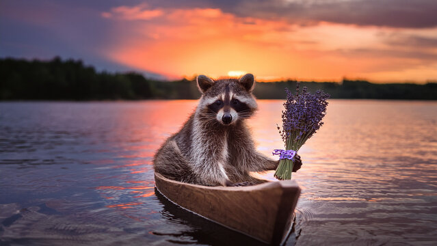 A raccoon sitting casually on a rustic chair placed on a tiny canoe, holding a bouquet of lavender, moody sunset with orange-purple sky, cinematic contrast, gentle ripples on the water, playful facial