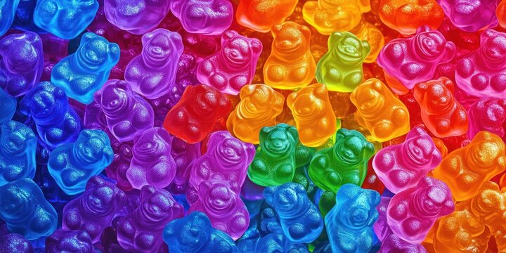 colorful translucent gummy bear candies arranged in a rainbow gradient pile, playful and cheerful