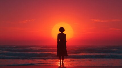 Fototapeta premium Reflective moments: serenity with the setting sun. Poster graphics. Oceanic serenity: woman in silhouette at crimson sunset. Movie cover. Drama poster.