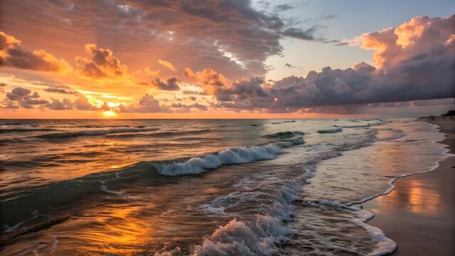 Dramatic sunset over the ocean with waves reaching the shore and colorful clouds in the sky above
