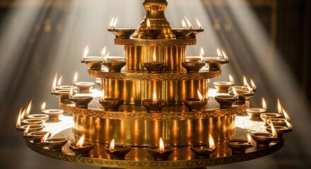 Ornate Brass Oil Lamp with Multiple Flames Illuminating a Space.