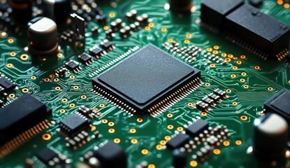 close-up of a green printed circuit board with a central microchip, surface-mount components, gold solder pads and intricate electronic traces conveying precision and high-tech energy