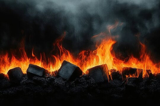 row of burning coal briquettes with bright orange flames and thick dark smoke, glowing embers and ash creating an intense dramatic and dangerous atmosphere