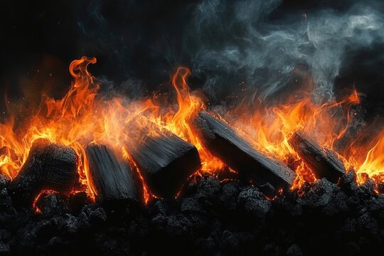 close-up of glowing charred wood and coal with bright orange flames and curling gray smoke, intense mesmerizing heat