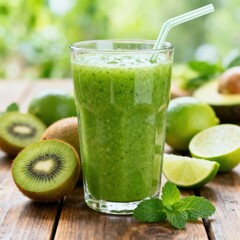 Refreshing green beverage blended with fresh fruit sits on a rustic wooden surface outdoors