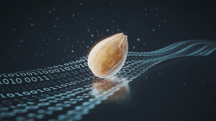 A single almond seed is depicted as it travels along a digital stream of binary code, symbolizing data and technology.