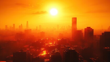 Glowing orange city skyline at sunset with a blazing sun, silhouetted skyscrapers, reflective rooftops and hazy air conveying intense heat and drama