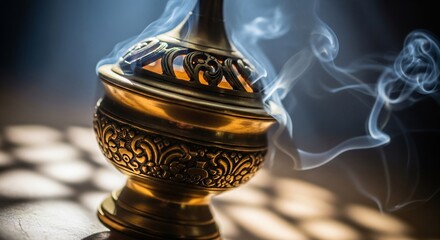 Ornate golden incense burner with swirling smoke, elegant design.