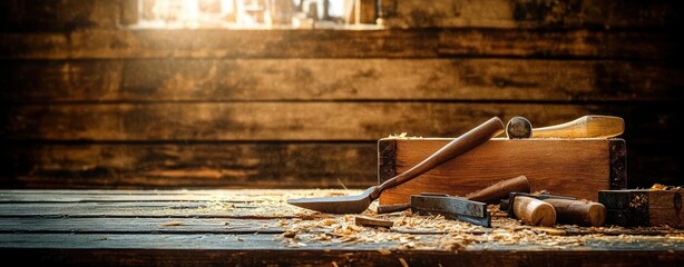 Sunlit rustic woodworking bench with chisels, hand plane, mallet and wood shavings conveying warm nostalgic craftsmanship