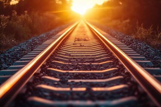 sunlit railway tracks stretching toward a glowing golden horizon at sunset with gravel and ties, framed by trees and warm light evoking calm and hopeful journey