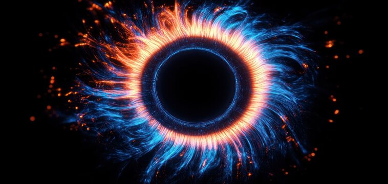 dark central void encircled by a glowing blue and orange energy ring with fiery tendrils and drifting sparks, intense swirling cosmic vortex, dramatic and mesmerizing