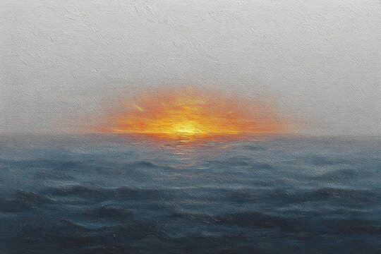 textured seascape painting of a glowing orange sunset over dark blue ocean waves, calm and contemplative mood