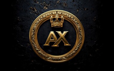 ornate gold circular emblem with crown and large gold letters a and x on a dark textured background, luxurious and majestic