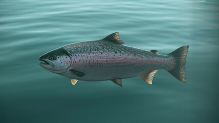 A detailed close-up of a large salmon swimming gracefully in clear blue-green water, showcasing its sleek body and distinctive markings.