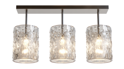 Modern three light pendant chandelier with textured glass shades isolated on transparent background
